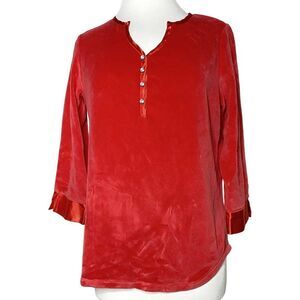 Quacker Factory Sm Red Velour Pullover Top Rhinestone Buttons Satin Trim & Cuffs